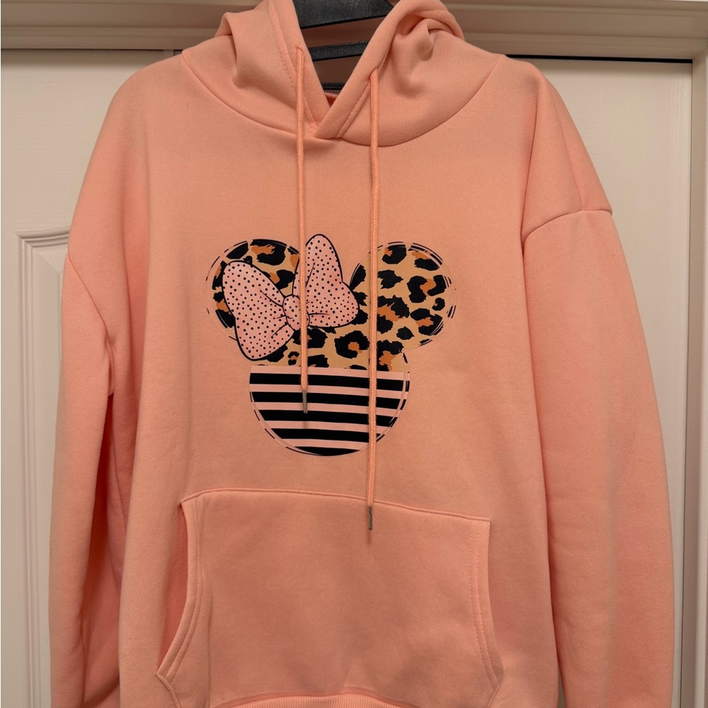 Extra Soft Pink Minnie Mouse Hoodie with Leopard and Striped Design, Size M